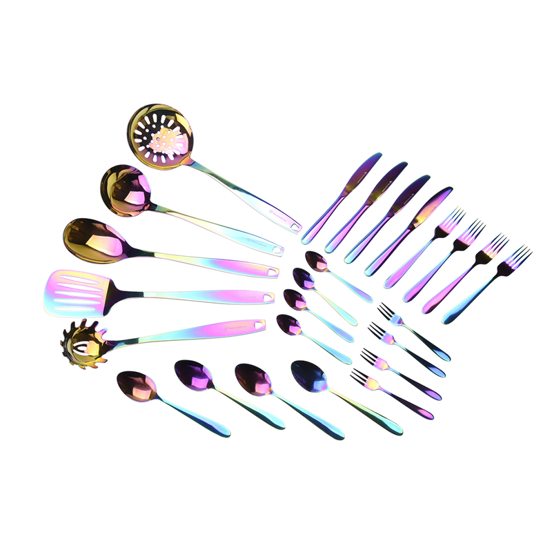 Stainless Steel Kitchen Tools and Cutlery Bundle (25-Piece Set) | Rainbow PVD Coated